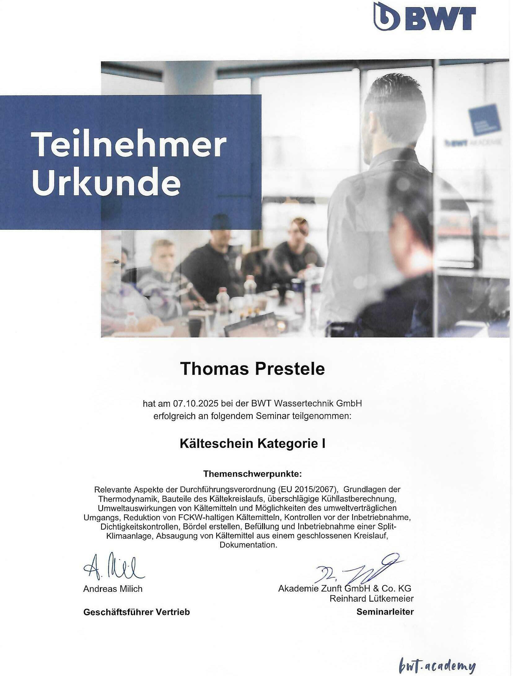 Weiterbildung Kälteschein